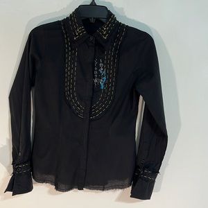 AZIZ Women’s top Black Embroidered & painted long sleeve Botton down Blouse M